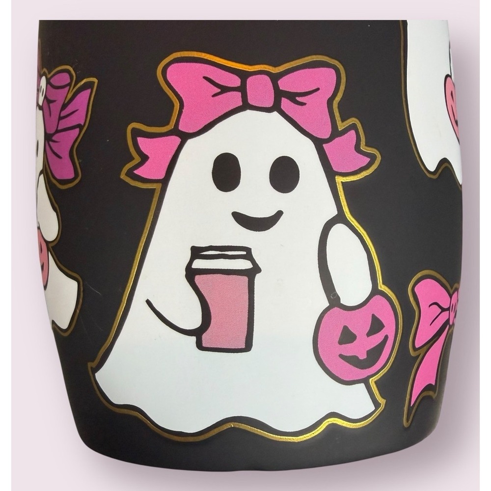 Halloween Coffee Mug/Cup Girl Ghost Pink Bows/ Black Cobwebs & Cauldrons New